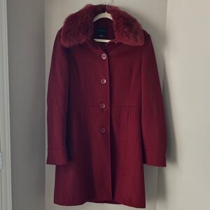 Madison Studio Deep Cranberry Pea Coat with Removable Faux Fur Collar – Size 6
